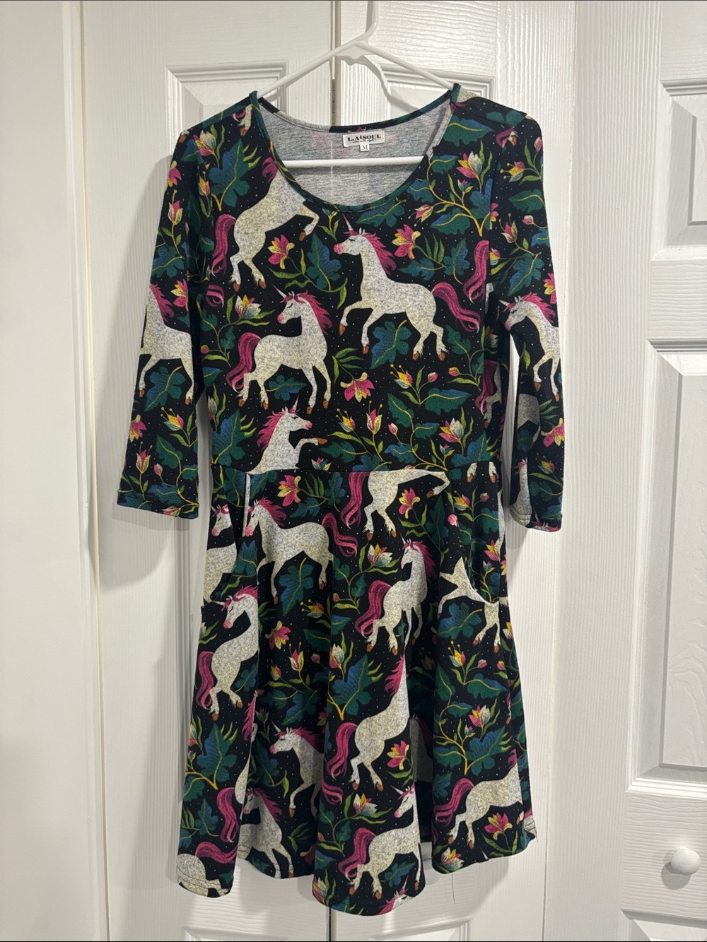 Women’s Black Unicorn Print Skater Dress with Pink & Green Accents